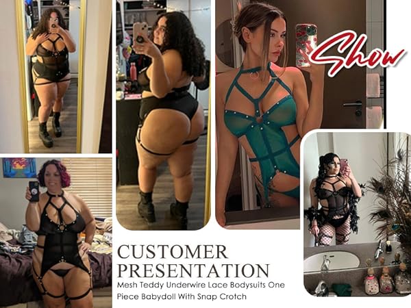 Avidlove Lingerie Set for Women Mesh Cut Out Bodysuit Sexy Ring Linked Teddy Lingerie with Garter Belt